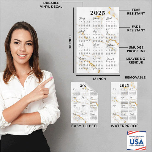 2025 Peel and Stick Refrigerator Calendar, Adhesive Wall Stickers for Full Year at a Glance-Set of 1-Andaz Press-12"x18" Marble-