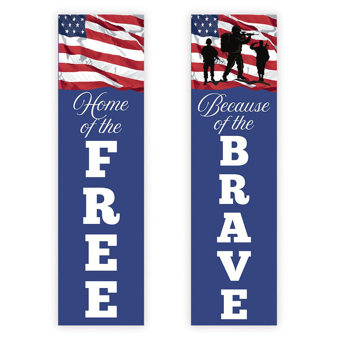 4th of July Decorations: Indoor & Outdoor Patriotic Banners, Set of 2-Set of 2-Andaz Press-Vertical Home of the Free Because of the Brave with Soldiers-