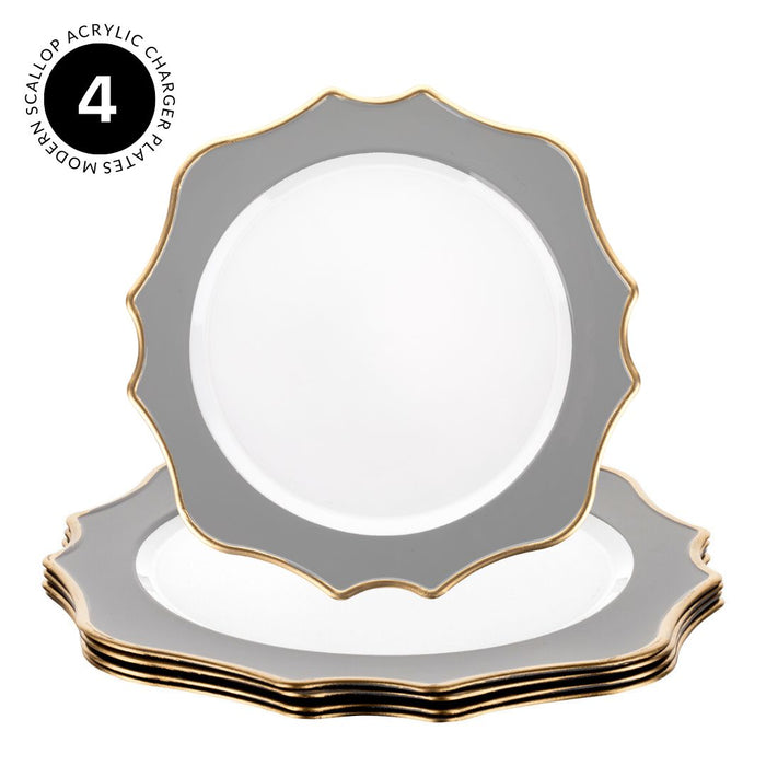 Acrylic Charger Plates Round with Gold Modern Scallop Edge-Koyal Wholesale-Grey-Set of 4-