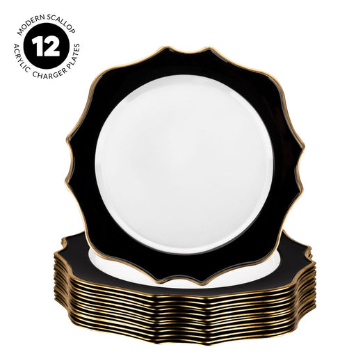 Acrylic Charger Plates Round with Gold Modern Scallop Edge-Set 12-Koyal Wholesale-Black-Set of 12-