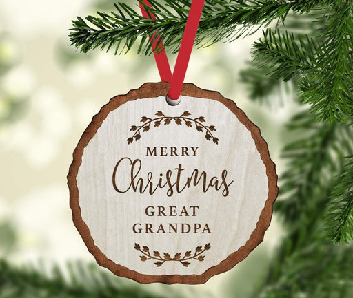 Andaz Press Real Wood Rustic Christmas Ornament, Engraved Wood Slab, Merry Christmas Great Grandpa, Rustic Laurel Leaves-Set of 1-Andaz Press-Merry Christmas Great Grandpa Rustic Laurel Leaves-