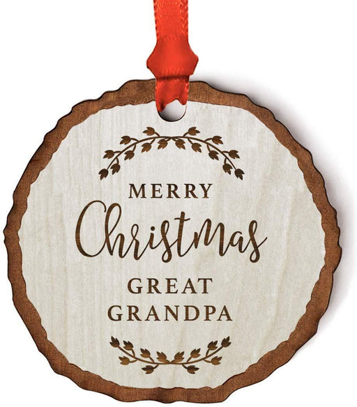 Andaz Press Real Wood Rustic Christmas Ornament, Engraved Wood Slab, Merry Christmas Great Grandpa, Rustic Laurel Leaves-Set of 1-Andaz Press-Merry Christmas Great Grandpa Rustic Laurel Leaves-