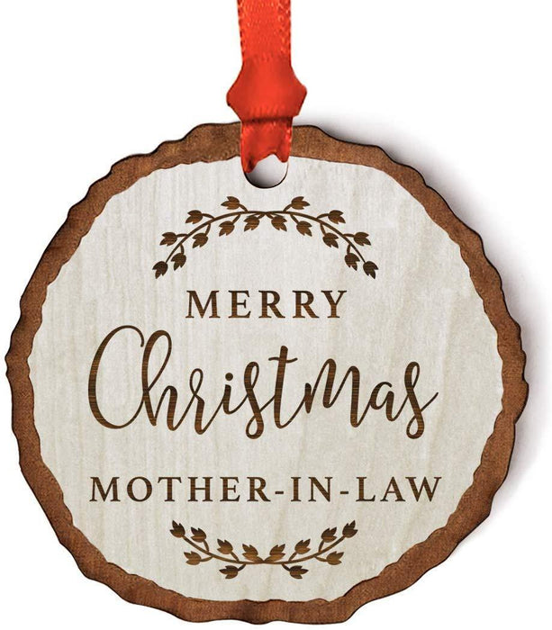 Andaz Press Real Wood Rustic Christmas Ornament, Engraved Wood Slab, Merry Christmas Mother-in-Law, Rustic Laurel Leaves-Set of 1-Andaz Press-Merry Christmas Mother-in-Law Rustic Laurel Leaves-