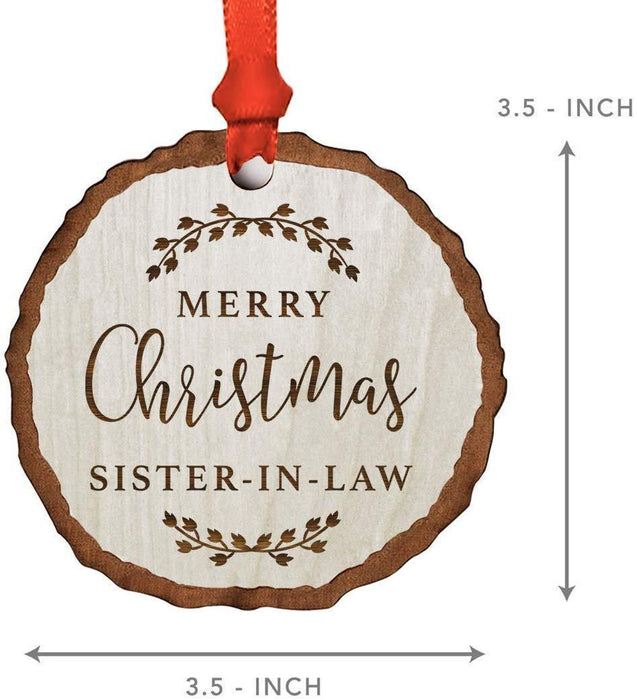 Andaz Press Real Wood Rustic Christmas Ornament, Engraved Wood Slab, Merry Christmas Sister-in-Law, Rustic Laurel Leaves-Set of 1-Andaz Press-Merry Christmas Sister-in-Law Rustic Laurel Leaves-