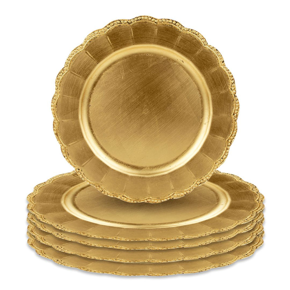 Koyal Wholesale 13 inch Matte Gold Beaded Scallop Charger Plates Antique Finish Bulk Set of 4 Acrylic Plastic