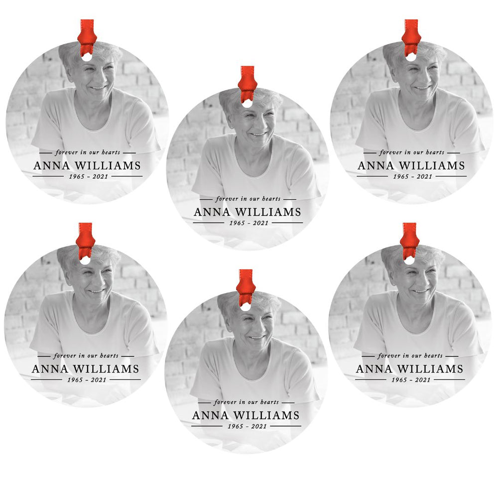 Bulk Custom Memorial Christmas Ornament Round Metal, Loss Of Loved One Bereavement Sympathy-Set of 6-Andaz Press-Forever In Our Hearts-