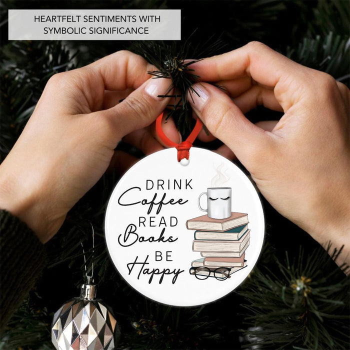 Ceramic Book Lover Ornament, Book Ornament for Book Lovers Gifts-Set of 1-Andaz Press-Drink Coffee Read Books Be Happy-