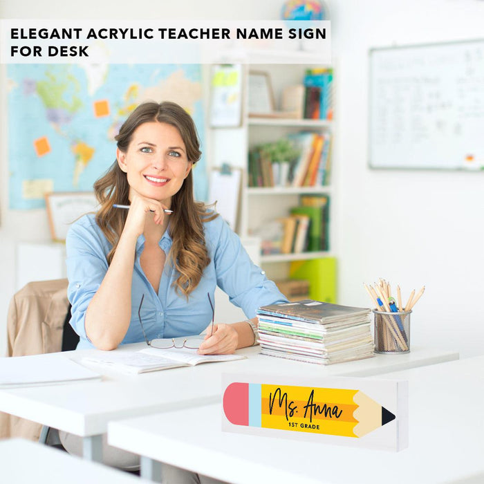 Custom 8x2.5 Acrylic Teacher Desk Name Plate - Teacher Decor & Name Sign-Set of 1-Andaz Press-Pencil Design-