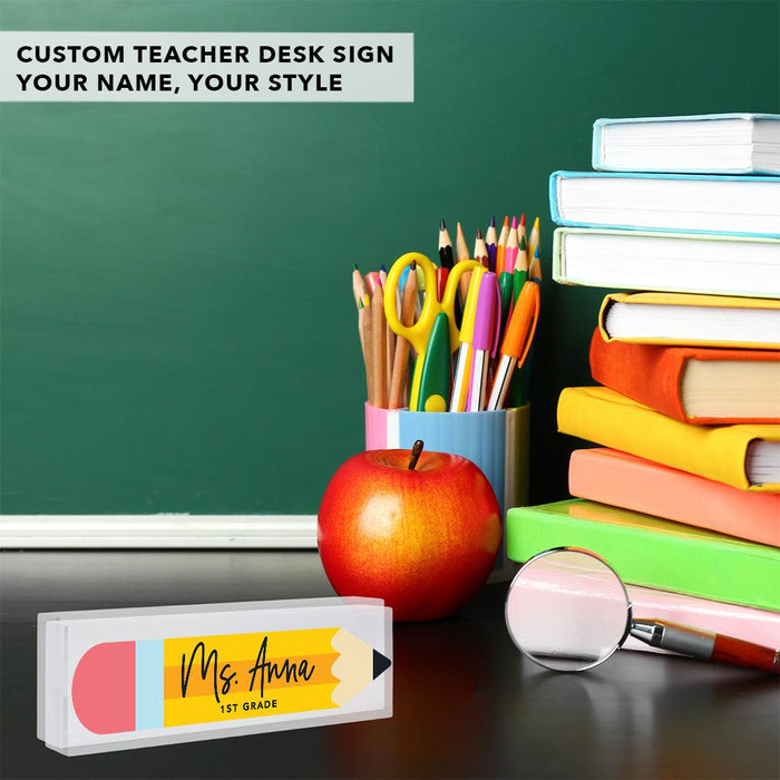 Custom 8x2.5 Acrylic Teacher Desk Name Plate - Teacher Decor & Name Sign-Set of 1-Andaz Press-Pencil Design-