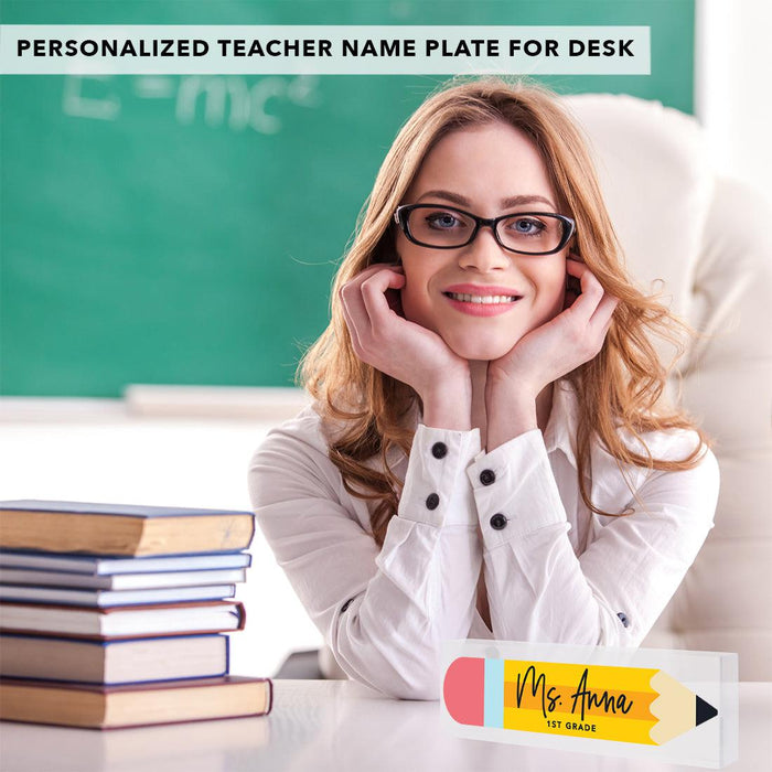 Custom 8x2.5 Acrylic Teacher Desk Name Plate - Teacher Decor & Name Sign-Set of 1-Andaz Press-Pencil Design-