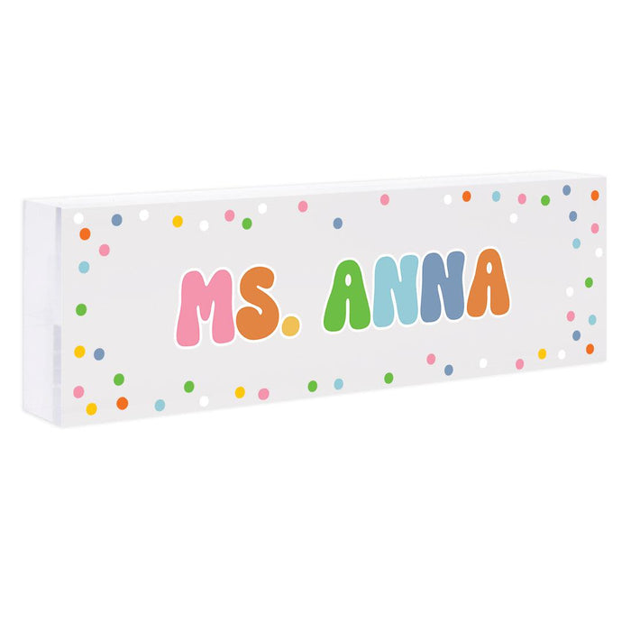 Custom 8x2.5 Acrylic Teacher Desk Name Plate - Teacher Decor & Name Sign-Set of 1-Andaz Press-Pastel Polka Dots Classroom-