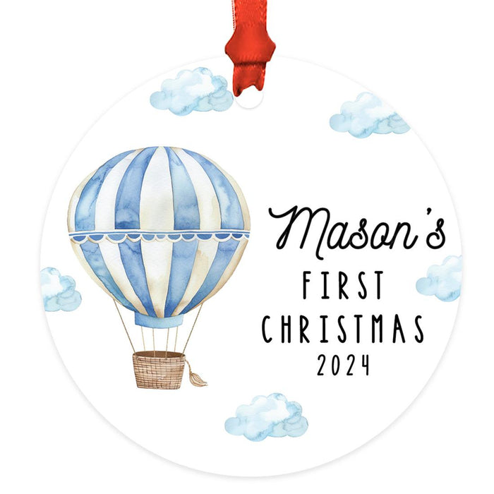 Custom Baby First Christmas Ornament Metal Hot Air Balloon for Boys, Girls Christmas Tree Decor-Set of 1-Andaz Press-Baby Blue Striped-