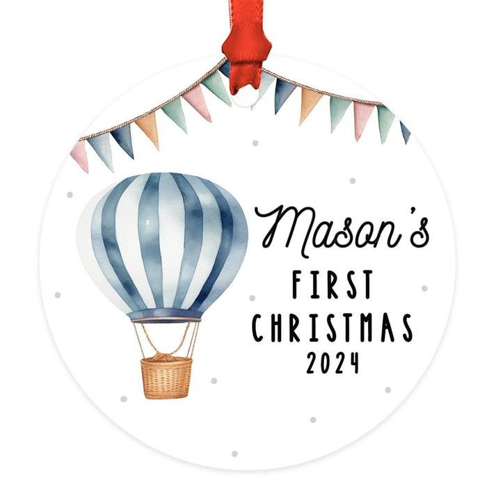 Custom Baby First Christmas Ornament Metal Hot Air Balloon for Boys, Girls Christmas Tree Decor-Set of 1-Andaz Press-Blue Striped-