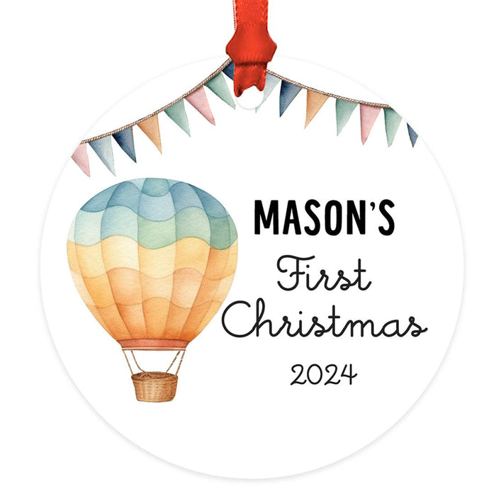 Custom Baby First Christmas Ornament Metal Hot Air Balloon for Boys, Girls Christmas Tree Decor-Set of 1-Andaz Press-Pastel Rainbow-