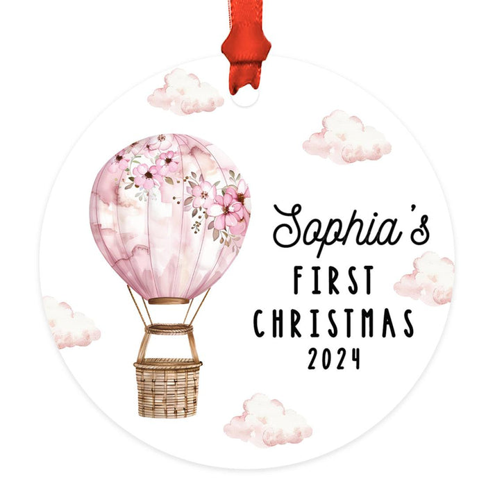 Custom Baby First Christmas Ornament Metal Hot Air Balloon for Boys, Girls Christmas Tree Decor-Set of 1-Andaz Press-Pink Flowers-