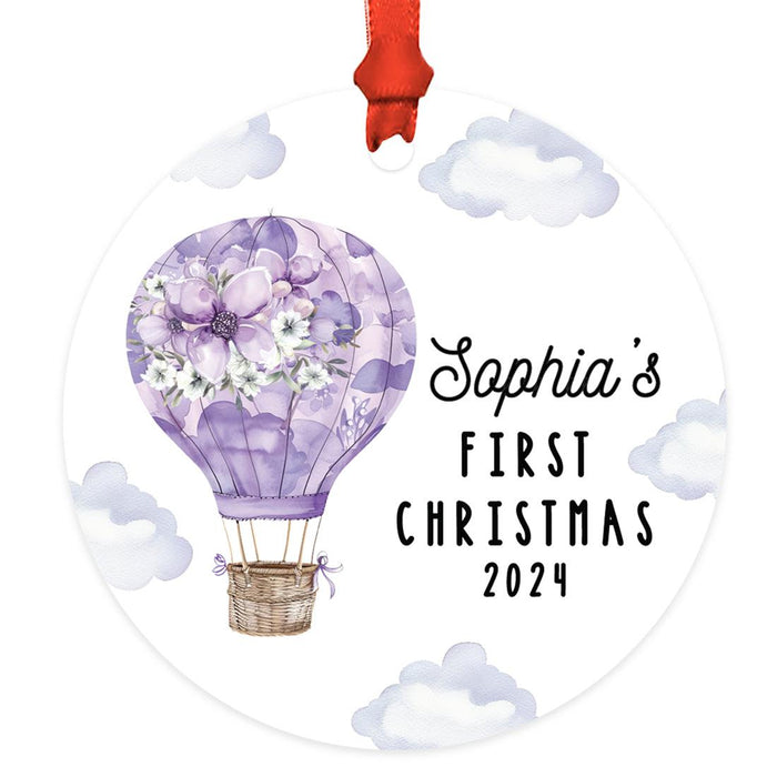 Custom Baby First Christmas Ornament Metal Hot Air Balloon for Boys, Girls Christmas Tree Decor-Set of 1-Andaz Press-Purple Flowers-