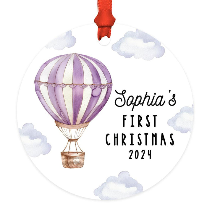 Custom Baby First Christmas Ornament Metal Hot Air Balloon for Boys, Girls Christmas Tree Decor-Set of 1-Andaz Press-Purple Striped-