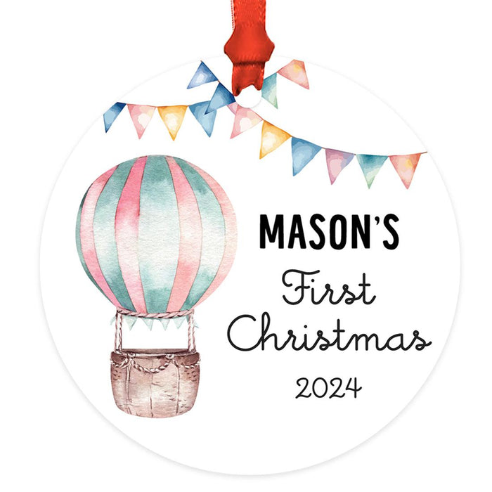 Custom Baby First Christmas Ornament Metal Hot Air Balloon for Boys, Girls Christmas Tree Decor-Set of 1-Andaz Press-Red & Blue Striped-