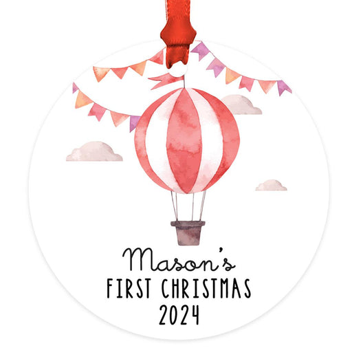 Custom Baby First Christmas Ornament Metal Hot Air Balloon for Boys, Girls Christmas Tree Decor-Set of 1-Andaz Press-Red Striped-