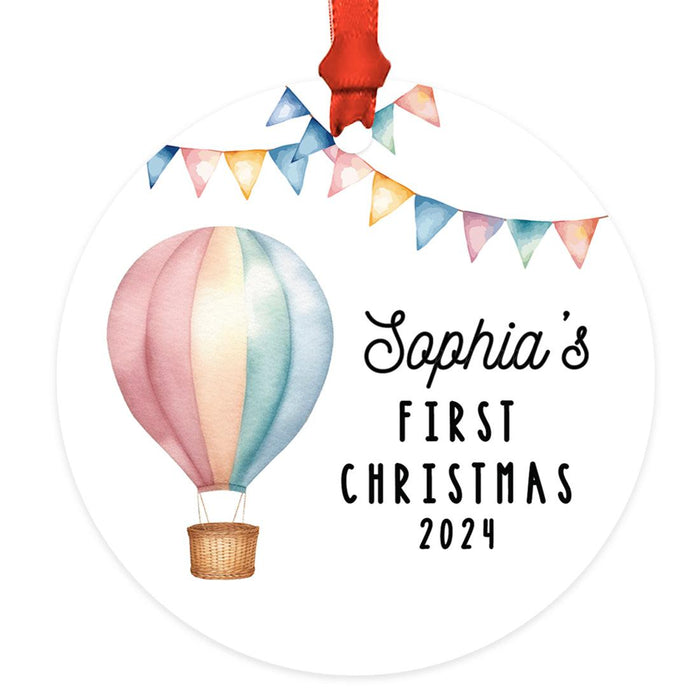 Custom Baby First Christmas Ornament Metal Hot Air Balloon for Boys, Girls Christmas Tree Decor-Set of 1-Andaz Press-Striped Pastel Rainbow-