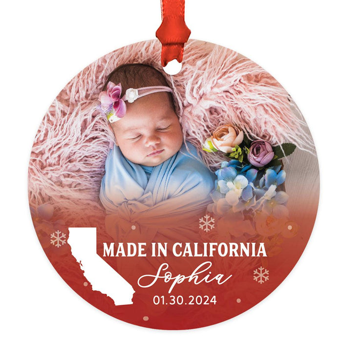 Custom Baby Ornament 20XX, Made in State Photo Ornament, Baby's First Christmas Keepsake-Set of 1-Andaz Press-Custom Name, State Horizontal Photo-