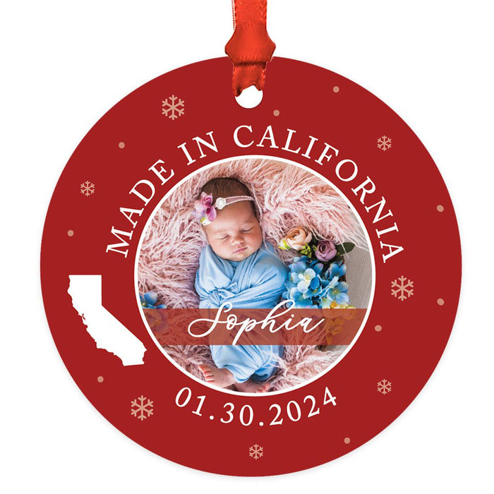 Custom Baby Ornament 20XX, Made in State Photo Ornament, Baby's First Christmas Keepsake-Set of 1-Andaz Press-Custom Name, State, Round Photo-