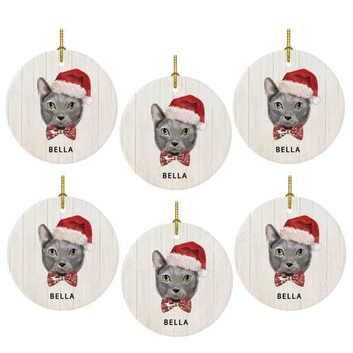 Custom Bulk Round Porcelain Christmas Tree Ornament, Holly Wreath Santa Hat Cat Graphic-Set of 6-Andaz Press-Blue Russian-