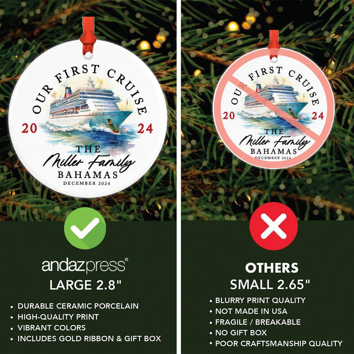 Custom Ceramic Cruise Ship 20XX Ornament for Christmas Tree, For Couples & Family-Set of 1-Andaz Press-Ceramic Our First Cruise-