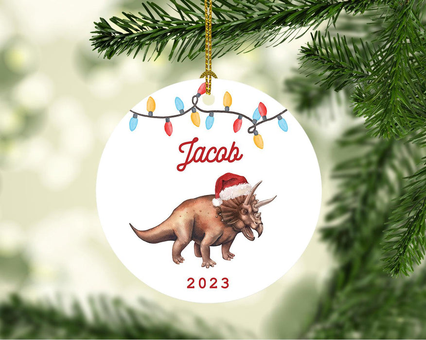 Custom Dinosaur Porcelain Christmas Ornament Keepsake for kids, Set of 1-Set of 1-Andaz Press-T-Rex Dinosaur with Santa Hat-