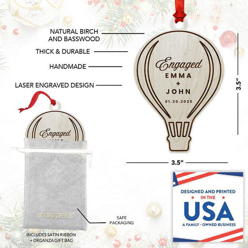 Custom Engaged Laser Engraved Wooden First Christmas Hot Air Balloon Ornament for Couples-Set of 1-Andaz Press-