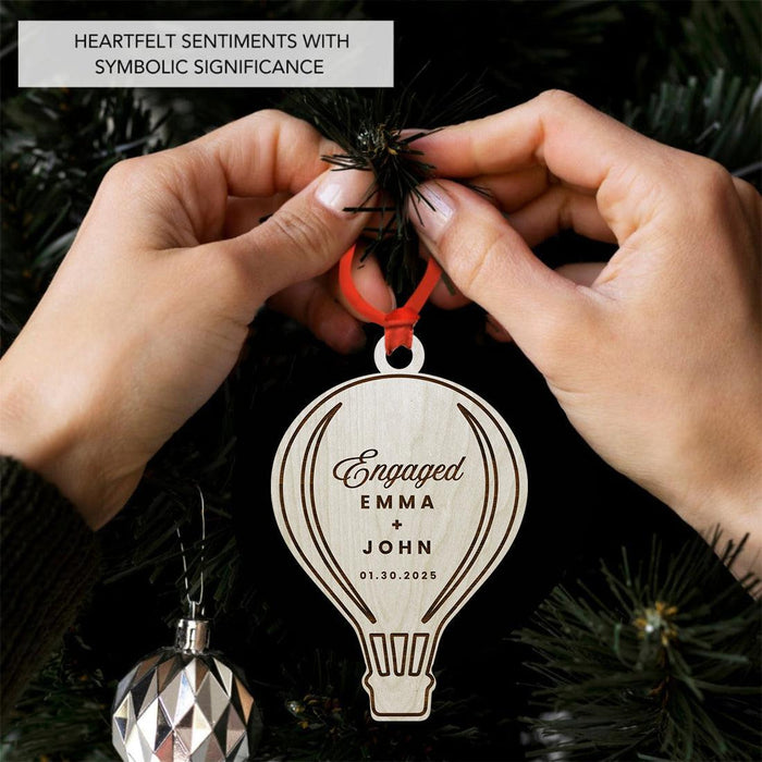 Custom Engaged Laser Engraved Wooden First Christmas Hot Air Balloon Ornament for Couples-Set of 1-Andaz Press-