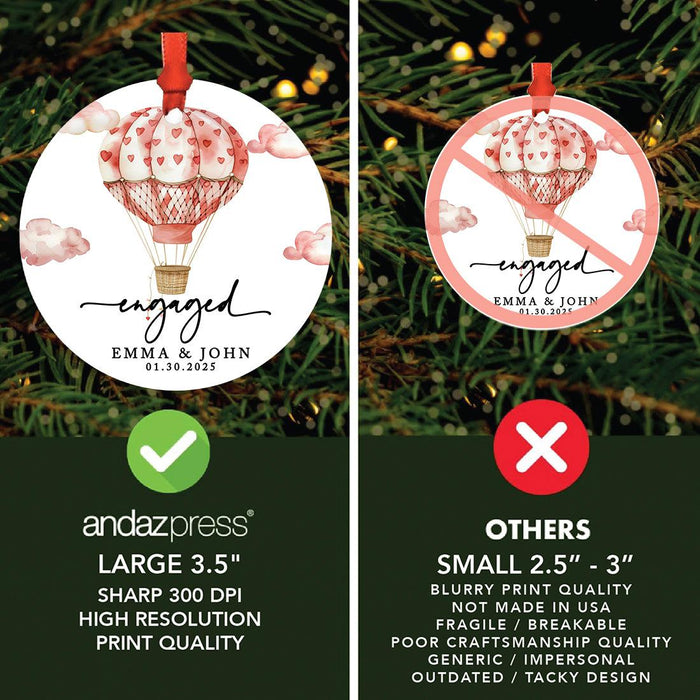 Custom First Christmas Ornament Metal Hot Air Balloon for Couples Christmas Tree Decor-Set of 1-Andaz Press-Engaged Neutral Hearts-