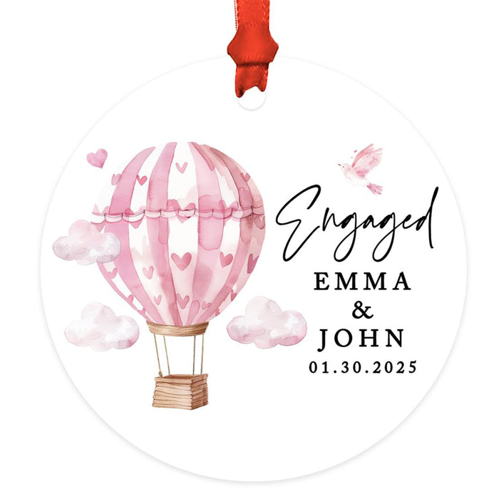 Custom First Christmas Ornament Metal Hot Air Balloon for Couples Christmas Tree Decor-Set of 1-Andaz Press-Engaged Pink Hearts-