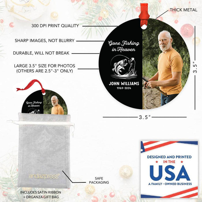 Custom Fly Fishing Metal Ornament 20XX with Photo Memorial Christmas Decor-Set of 1-Andaz Press-Gone Fishing In Heaven Custom Photo-