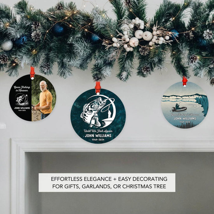 Custom Fly Fishing Metal Ornament 20XX with Photo Memorial Christmas Decor-Set of 1-Andaz Press-Gone Fishing In Heaven Custom Photo-