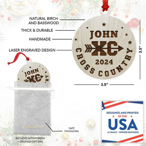 Custom Laser Engraved Wood Cross Country Christmas Ornament for Boys & Girls-Set of 1-Andaz Press-Laser Engraved Custom Name XC Stars-