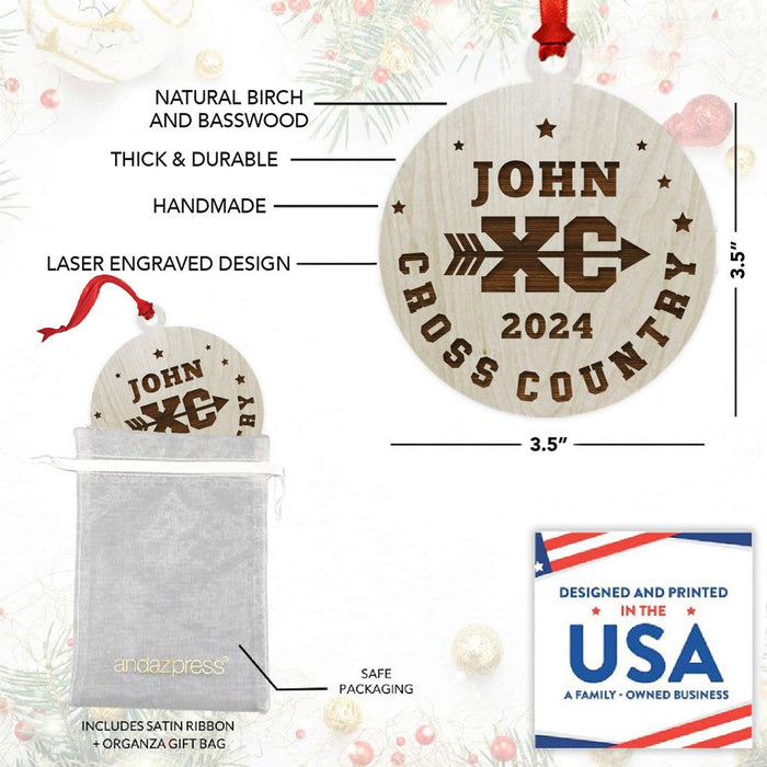 Custom Laser Engraved Wood Cross Country Christmas Ornament for Boys & Girls-Set of 1-Andaz Press-Laser Engraved Custom Name XC Stars-