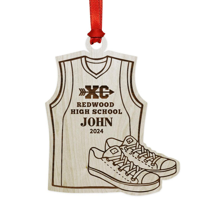 Custom Laser Engraved Wood Cross Country Christmas Ornament for Boys & Girls-Set of 1-Andaz Press-Laser Engraved XC Sneakers & Jersey-