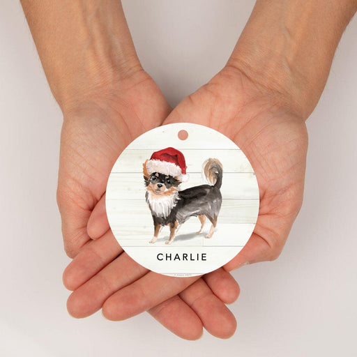 Custom Metal Christmas Ornament, Long Haired Chihuahua with Santa Hat, Custom Name-Set of 6-Andaz Press-