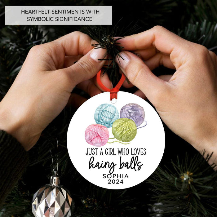 Custom Metal Crochet Ornaments Funny Christmas Decor with Ribbon & Gift Bag-Set of 1-Andaz Press-Just A Girl Who Loves Hairy Balls-