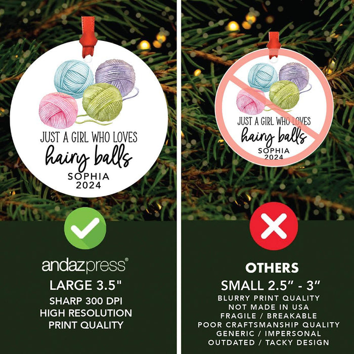 Custom Metal Crochet Ornaments Funny Christmas Decor with Ribbon & Gift Bag-Set of 1-Andaz Press-Just A Girl Who Loves Hairy Balls-