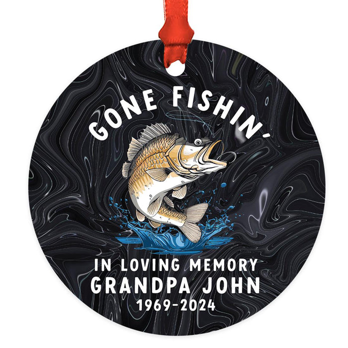 Custom Metal Fly Fishing Ornament 20XX Funny Family Christmas Decor-Set of 1-Andaz Press-Gone Fishin In Loving Memory-