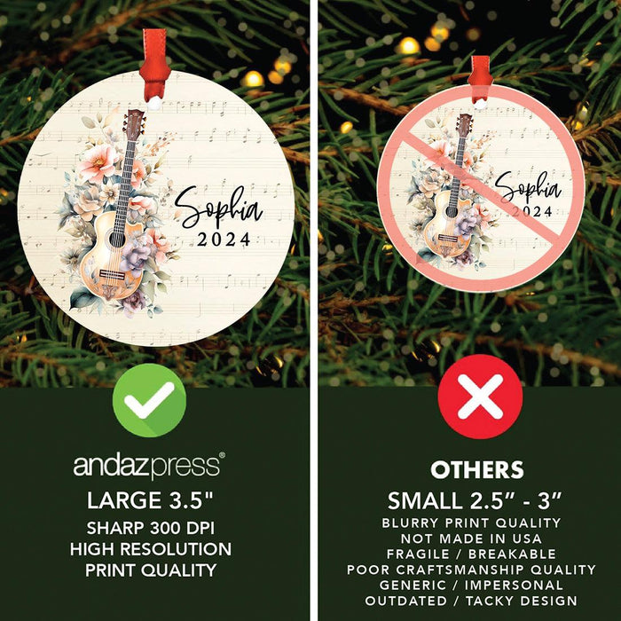 Custom Metal Guitar Ornament, 20XX Christmas Tree Decoration for Guitar Players-Set of 1-Andaz Press-Classic Acoustic Guitar with Florals-