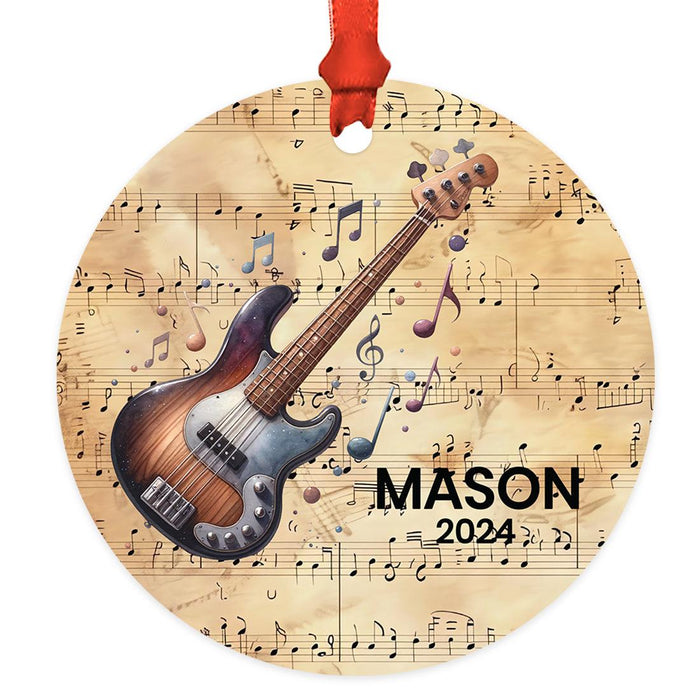 Custom Metal Guitar Ornament, 20XX Christmas Tree Decoration for Guitar Players-Set of 1-Andaz Press-Brown Electric Guitar with Music Notes-