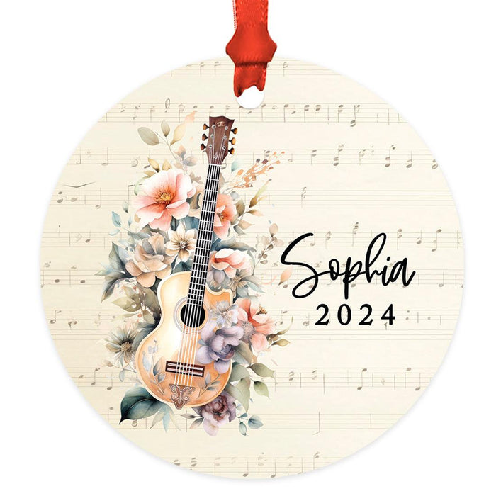 Custom Metal Guitar Ornament, 20XX Christmas Tree Decoration for Guitar Players-Set of 1-Andaz Press-Classic Acoustic Guitar with Florals-