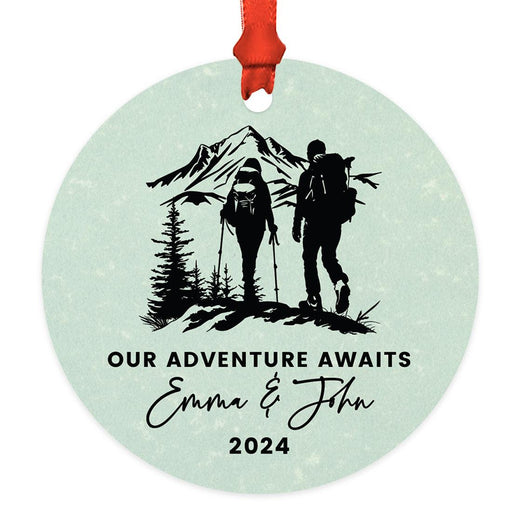 Custom Metal Hiking Engagement Ornament for Christmas Tree, Hiking Ornament for Couples-Set of 1-Andaz Press-Our Adventure Awaits-