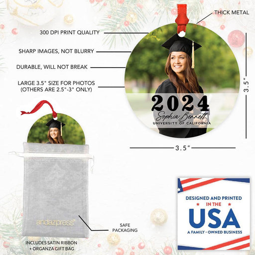 Custom Metal Photo Graduation Christmas Ornament, Class of 20XX Gift-Set of 1-Andaz Press-Classic Custom Photo-