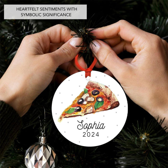 Custom Metal Pizza Slice Christmas Ornament, 20XX Pizza Tree Decoration-Set of 1-Andaz Press-Pizza-