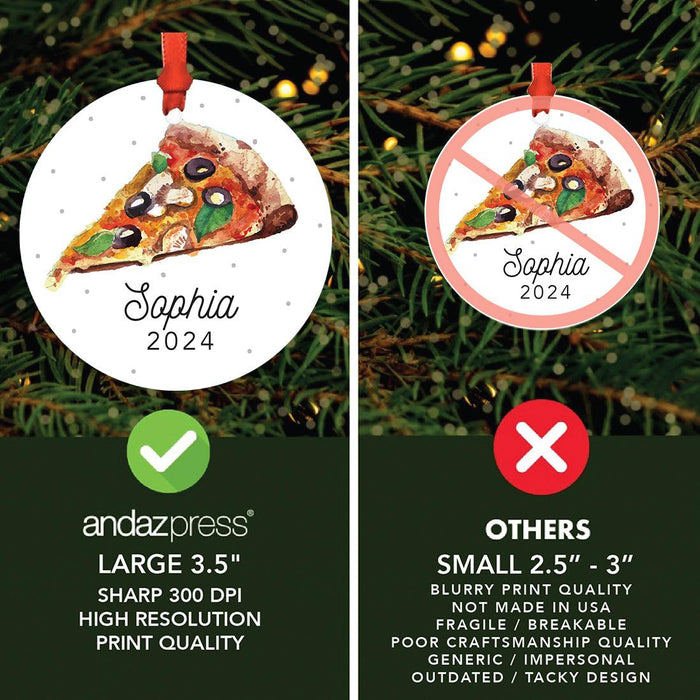 Custom Metal Pizza Slice Christmas Ornament, 20XX Pizza Tree Decoration-Set of 1-Andaz Press-Pizza-