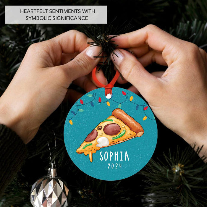 Custom Metal Pizza Slice Christmas Ornament, 20XX Pizza Tree Decoration-Set of 1-Andaz Press-Pizza-